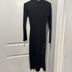 Black Ribbed Long-Sleeve Midi Dress with Button Detail